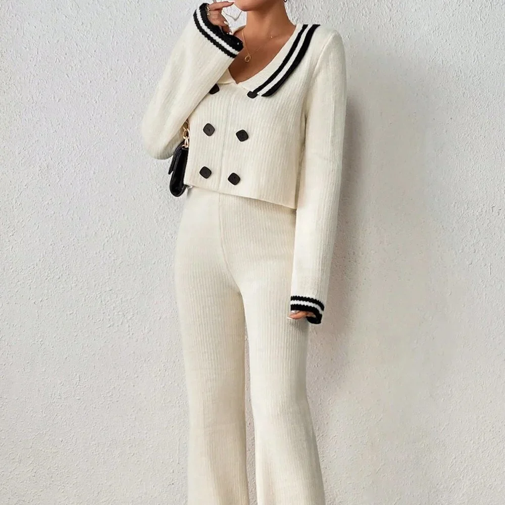 Apricot Preppy Womens Striped Trim Sailor Collar Sweater & Knit Pants - Picture 4 of 5